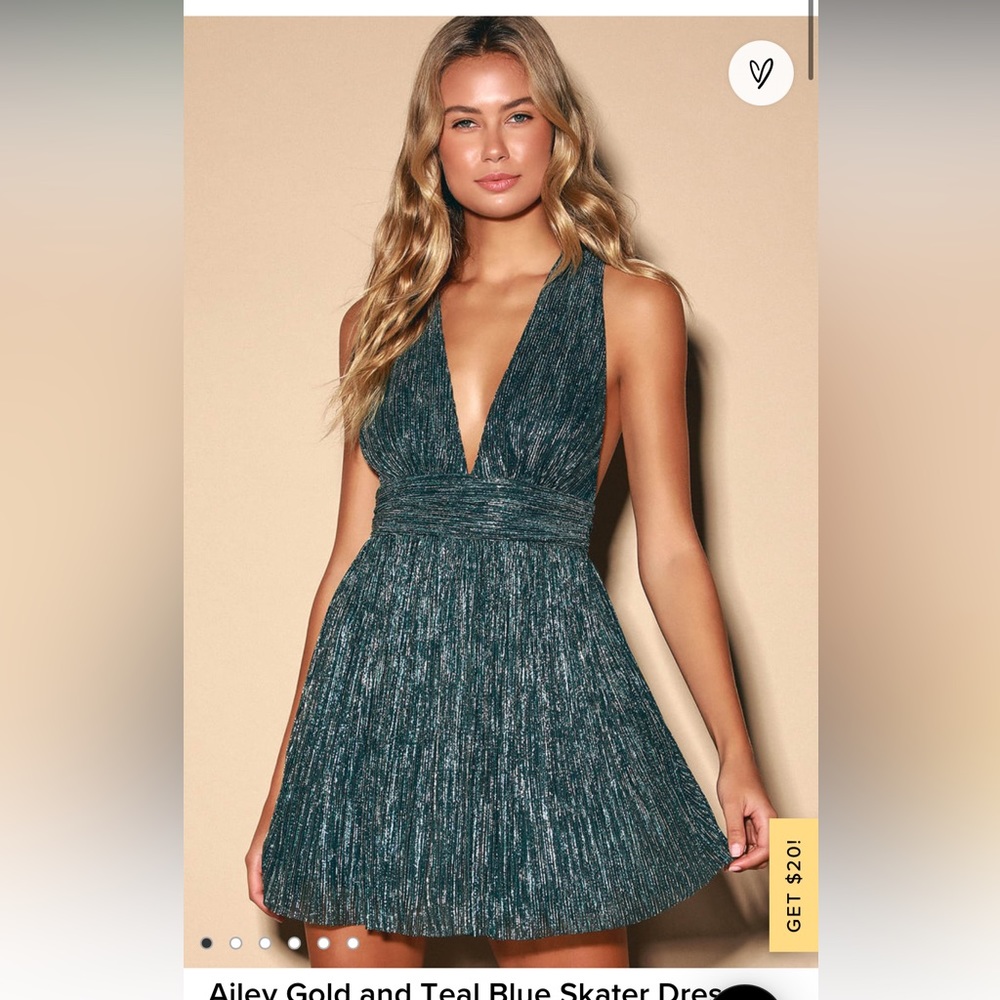 Lulus Ailey Gold and Teal blue skater dress